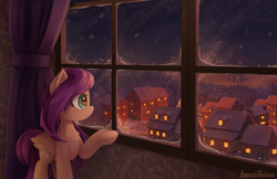 Size: 2940x1900 | Tagged: safe, artist:emeraldgalaxy, character:fluttershy, species:pegasus, species:pony, g4, eye clipping through hair, eyebrows, eyebrows visible through hair, female, folded wings, high res, indoors, looking out the window, mare, profile, raised hoof, scenery, signature, smiling, snow, solo, window, wings, winter