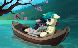Size: 2650x1656 | Tagged: safe, artist:emeraldgalaxy, character:octavia melody, oc, oc:remainatto, species:earth pony, species:pony, species:unicorn, g4, blushing, boat, canon x oc, chest fluff, commission, duo, duo male and female, ear fluff, eye clipping through hair, eye contact, eyebrows, eyebrows visible through hair, female, floppy ears, high res, horn, looking at each other, looking at someone, male, mare, open mouth, outdoors, river, scenery, shipping, signature, stallion, straight, tree branch, unicorn oc, water