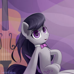 Size: 2000x2000 | Tagged: safe, artist:emeraldgalaxy, character:octavia melody, species:earth pony, species:pony, g4, bow tie, cello, chest fluff, clothing, cute, ear fluff, eyebrows, eyebrows visible through hair, female, high res, looking at you, mare, musical instrument, open mouth, open smile, signature, smiling, smiling at you, solo, tavibetes