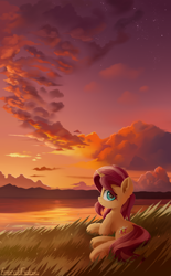 Size: 1800x2900 | Tagged: safe, artist:emeraldgalaxy, character:sunset shimmer, species:pony, species:unicorn, g4, my little pony:equestria girls, cloud, cute, ear fluff, eye clipping through hair, eyebrows, eyebrows visible through hair, female, frog (hoof), grass, high res, hooves, horn, looking at you, looking back, looking back at you, lying down, mare, outdoors, profile, prone, scenery, shimmerbetes, signature, sky, smiling, smiling at you, solo, sunset, twilight (astronomy), underhoof, water