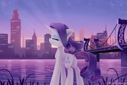 Size: 3000x2000 | Tagged: safe, artist:emeraldgalaxy, character:rarity, species:pony, species:unicorn, g4, bridge, butt, chest fluff, city, cityscape, crepuscular rays, cute, dock, eyes closed, female, high res, horn, leg fluff, manehattan, mare, outdoors, plot, profile, raribetes, river, signature, skyline, smiling, solo, tail, water