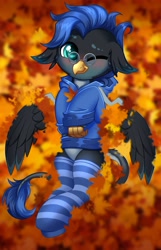 Size: 2580x4000 | Tagged: safe, artist:confetticakez, oc, oc:still waters, species:hippogriff, blushing, clothing, feathered wings, floppy ears, glasses, hoodie, looking at you, lying down, male, one eye closed, smiling, socks, solo, spread wings, striped socks, thigh highs, wings, ych result, your character here