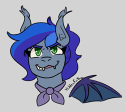 Size: 943x845 | Tagged: safe, artist:hiddenfaithy, oc, oc only, oc:lunar aurora, species:bat pony, species:pony, bat pony oc, bust, commission, fangs, gray background, grin, headshot commission, portrait, sharp teeth, simple background, smiling, solo, wings