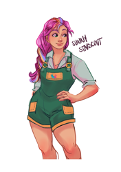 Size: 2488x3533 | Tagged: safe, artist:ohmisweetgoodness, character:sunny starscout, species:earth pony, species:human, g5, clothing, cute, female, humanized, mane stripe sunny, overalls, shirt, simple background, solo, species swap, sunnybetes, tan skin, white background