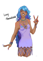 Size: 2488x3533 | Tagged: safe, artist:ohmisweetgoodness, character:izzy moonbow, species:human, species:unicorn, g5, bracelet, cute, dark skin, female, gradient hair, grin, humanized, izzybetes, jewelry, moderate dark skin, multicolored hair, nail polish, necklace, one eye closed, pansexual, pansexual pride flag, peace sign, pride, pride flag, simple background, smiling, solo, species swap, white background, wink