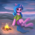 Size: 1995x1950 | Tagged: safe, artist:foxpit, character:izzy moonbow, species:pony, species:unicorn, g5, abstract background, beach, butt, campfire, clothing, eyebrows, female, fire, gradient hair, horn, looking at you, mare, multicolored hair, outdoors, plot, shirt, shorts, signature, sitting, smiling, smiling at you, solo, t-shirt, underhoof