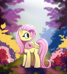 Size: 3613x3944 | Tagged: safe, artist:nnaly, character:fluttershy, species:pegasus, species:pony, species:rabbit, g4, exclamation point, female, flower, folded wings, high res, looking back, mare, outdoors, profile, smiling, solo, wings