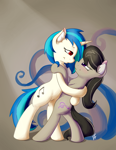 Size: 2550x3300 | Tagged: safe, artist:fearingfun, character:dj pon-3, character:octavia melody, character:vinyl scratch, species:earth pony, species:pony, species:unicorn, ship:scratchtavia, g4, bedroom eyes, bipedal, chest fluff, dancing, duo, duo female, ear fluff, eye contact, female, high res, horn, hug, lesbian, looking at each other, looking at someone, mare, shipping, smiling, smiling at each other