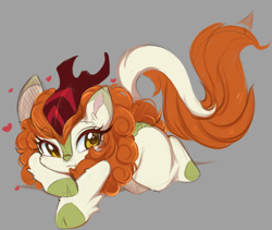 Size: 4096x3454 | Tagged: safe, artist:papilrux, character:autumn blaze, species:kirin, species:pony, g4, awwtumn blaze, cloven hooves, cute, female, floating heart, gray background, heart, high res, hooves, horn, kirinbetes, looking at you, mare, simple background, smiling, smiling at you, solo, unshorn fetlocks