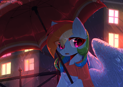 Size: 3508x2480 | Tagged: safe, artist:hakkerman, character:rainbow dash, species:pegasus, species:pony, g4, building, chest fluff, clothing, cute, dashabetes, ear fluff, eye clipping through hair, female, fence, high res, looking at you, mare, night, open mouth, outdoors, partially open wings, rain, scarf, signature, solo, umbrella, window, wings