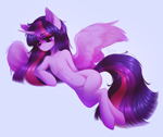 Size: 2648x2228 | Tagged: safe, artist:shenki, character:twilight sparkle, character:twilight sparkle (alicorn), species:alicorn, g4, belly, belly button, collarbone, eyebrows, eyebrows visible through hair, female, high res, horn, human shoulders, light blue background, mare, missing cutie mark, ribcage, semi-anthro, signature, simple background, smiling, solo, spread wings, wings