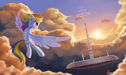 Size: 3700x2200 | Tagged: safe, artist:emeraldgalaxy, character:rainbow dash, species:pegasus, species:pony, fallout equestria, g4, cloud, crossover, fallout, fanfic, fanfic art, female, flying, high res, hooves, mare, ministry mares, signature, single pegasus project, sky, solo, spread wings, wings