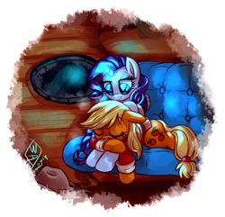 Size: 1450x1400 | Tagged: safe, artist:whitediamonds, character:applejack, character:rarity, species:earth pony, species:pony, species:unicorn, ship:rarijack, g4, apple family member, applejack's hat, clothing, coat, couch, cowboy hat, duo, duo female, eyebrows, eyebrows visible through hair, eyes closed, fanfic art, female, freckles, glowing horn, hat, horn, how far away you roam, indoors, lesbian, looking at someone, magic, mare, rarijack daily, shipping, signature, sleeping, smiling, stetson, window