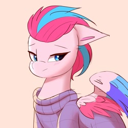 Size: 2048x2048 | Tagged: safe, artist:nari_artsz, character:zipp storm, species:pegasus, species:pony, g5, adorazipp, clothing, colored wings, cute, eyebrows, female, floppy ears, heart, heart eyes, high res, lidded eyes, mare, multicolored wings, partially open wings, simple background, solo, sweater, wingding eyes, wings