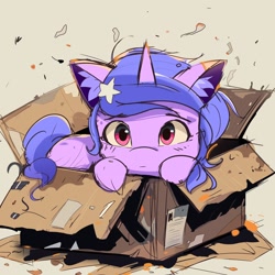 Size: 2048x2048 | Tagged: safe, artist:nari_artsz, character:izzy moonbow, species:pony, species:unicorn, g5, box, cute, ear fluff, eyebrows, eyebrows visible through hair, female, gradient hair, high res, horn, if i fits i sits, izzybetes, looking at you, mare, multicolored hair, pony in a box, solo