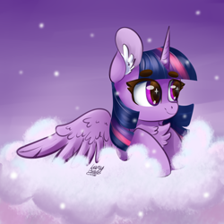 Size: 4000x4000 | Tagged: safe, artist:lazybread, character:twilight sparkle, character:twilight sparkle (alicorn), species:alicorn, species:pony, g4, absurd resolution, bust, chest fluff, cloud, cute, ear fluff, eyebrows, eyebrows visible through hair, female, fluffy, horn, mare, night, night sky, on a cloud, signature, sky, smiling, solo, sparkly eyes, spread wings, stars, three quarter view, twiabetes, wingding eyes, wings