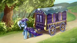 Size: 2560x1440 | Tagged: safe, artist:lazybread, artist:lbread28, character:trixie, species:pony, species:unicorn, g4, brooch, cape, clothing, eyebrows, female, grass, hat, horn, jewelry, mare, outdoors, pulling, raised hoof, signature, solo, tree, trixie's brooch, trixie's cape, trixie's hat, trixie's wagon, wagon, wizard hat