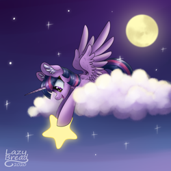 Size: 4000x4000 | Tagged: safe, artist:lazybread, character:twilight sparkle, character:twilight sparkle (alicorn), species:alicorn, species:pony, g4, absurd resolution, cloud, ear fluff, female, full moon, horn, looking at something, mare, moon, night, night sky, on a cloud, open mouth, open smile, signature, sky, smiling, solo, sparkles, spread wings, stars, tangible heavenly object, wings, ych result