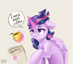 Size: 4000x3500 | Tagged: safe, artist:lbread28, artist:verylazybread, character:twilight sparkle, character:twilight sparkle (alicorn), species:alicorn, species:pony, g4, ..., alternate hairstyle, coffee, coffee mug, drink, eyebrows, female, floppy ears, glowing horn, high res, horn, levitation, magic, magic aura, mare, morning ponies, mug, open mouth, paper, signature, solo, sparkles, speech bubble, telekinesis, twiggie, wings