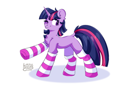 Size: 3500x2500 | Tagged: safe, artist:lazybread, artist:lbread28, character:twilight sparkle, character:twilight sparkle (unicorn), species:pony, species:unicorn, g4, chest fluff, clothing, cute, ear fluff, female, high res, horn, mare, missing cutie mark, one eye closed, raised hoof, signature, simple background, socks, solo, striped socks, twiabetes, white background, wink