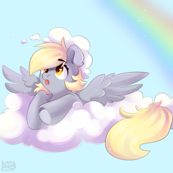 Size: 4000x4000 | Tagged: safe, artist:lazybread, character:derpy hooves, species:pegasus, species:pony, g4, absurd resolution, cloud, cute, derpabetes, eyebrows, eyebrows visible through hair, female, mare, on a cloud, open mouth, rainbow, signature, sky, solo, sparkles, spread wings, underhoof, wings
