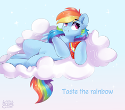 Size: 4000x3500 | Tagged: safe, artist:lazybread, character:rainbow dash, species:pegasus, species:pony, g4, candy, chest fluff, cloud, cute, dashabetes, ear fluff, eating, eyebrows, eyebrows visible through hair, female, food, high res, lying down, mare, on a cloud, on back, signature, skittles, sky, solo, sparkles