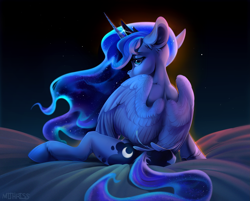 Size: 3813x3064 | Tagged: safe, artist:mithriss, character:princess luna, species:alicorn, species:pony, g4, back, bed, crown, ethereal mane, female, high res, horn, jewelry, looking at you, mare, rear view, regalia, simple background, solo, stars, tail, wings