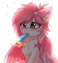 Size: 2251x2464 | Tagged: safe, artist:lunylin, oc, oc only, oc:latandra sweetberry, species:pegasus, species:pony, chest fluff, colored eyebrows, commission, cute, ear fluff, eye clipping through hair, eyebrows, eyebrows visible through hair, female, food, high res, ice cream, levitation, magic, mare, ocbetes, pegasus oc, simple background, solo, telekinesis, white background, wings, ych result