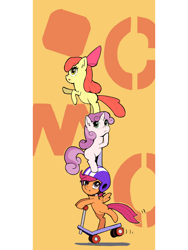 Size: 1280x1706 | Tagged: safe, artist:flvski, character:apple bloom, character:scootaloo, character:sweetie belle, species:earth pony, species:pegasus, species:pony, species:unicorn, g4, apple bloom's bow, apple family member, bow, cutie mark crusaders, female, filly, foal, hair bow, helmet, scooter, trio, young