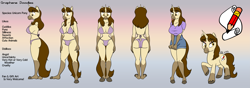 Size: 6295x2222 | Tagged: safe, artist:arrjaysketch, oc, oc only, oc:graphene doodles, species:anthro, species:pony, species:unicorn, big breasts, bikini, breasts, clothing, cutie mark, female, furry, graphene doodles, my little pony, reference sheet, shirt, shorts, solo, solo female, swimsuit