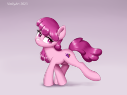 Size: 2808x2109 | Tagged: safe, artist:vinilyart, character:berry punch, character:berryshine, species:earth pony, species:pony, g4, berrybetes, cute, eyebrows, female, gradient background, high res, looking at you, looking sideways, mare, raised leg, smiling, smiling at you, solo