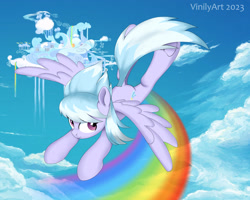 Size: 2612x2087 | Tagged: safe, artist:vinilyart, character:cloudchaser, species:pegasus, species:pony, g4, cloud, cloudsdale, cute, cutechaser, dock, female, flying, frog (hoof), high res, hooves, looking at you, mare, outdoors, rainbow, sky, smiling, smiling at you, solo, spread wings, tail, underhoof, wings