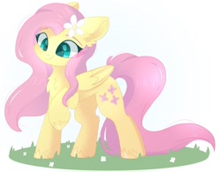 Size: 1709x1334 | Tagged: safe, artist:cinnamontee, character:fluttershy, species:pegasus, species:pony, g4, cheek fluff, chest fluff, colored eyebrows, cute, ear fluff, eyebrows, female, flower, folded wings, grass, mare, raised hoof, shyabetes, simple background, smiling, solo, white background, wings
