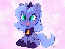 Size: 4000x3000 | Tagged: safe, artist:zokkili, character:princess luna, species:alicorn, species:pony, g4, beanbrows, blep, clothing, cute, ear fluff, eyebrows, female, filly, filly luna, folded wings, heart, high res, hoof shoes, horn, jewelry, looking at you, lunabetes, necklace, peytral, princess shoes, shoes, signature, sitting, smiling, smiling at you, solo, sparkles, stars, tongue out, wings, woona, younger