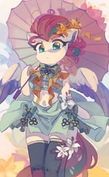 Size: 2300x3739 | Tagged: safe, artist:saxopi, character:zipp storm, species:pegasus, species:pony, g5, bow tie, clothing, colored eyebrows, eyebrows, eyebrows visible through hair, female, flower, flower in hair, looking at you, mare, semi-anthro, socks, solo, thigh highs, umbrella