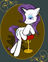 Size: 1222x1558 | Tagged: safe, artist:sallycars, character:rarity, species:pony, species:unicorn, g4, bipedal, bipedal leaning, bored, butt, eyebrows, female, flank, hair over one eye, leaning, looking at you, mare, plot, rarity day, solo, stool, unamused