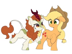 Size: 1144x858 | Tagged: safe, artist:sione29031414, character:applejack, character:autumn blaze, species:earth pony, species:kirin, species:pony, g4, apple family member, applejack's hat, awwtumn blaze, chest fluff, clothing, cowboy hat, cute, duo, duo female, eye clipping through hair, female, hat, jackabetes, looking at each other, looking at someone, mare, raised hoof, raised leg, simple background, stetson, white background