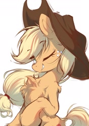 Size: 1534x2184 | Tagged: safe, artist:sione29031414, part of a set, character:applejack, species:earth pony, species:pony, g4, apple family member, applejack's hat, bipedal, chest fluff, clothing, cowboy hat, cute, eyebrows, eyebrows visible through hair, female, fluffy, freckles, hat, jackabetes, leg fluff, looking at you, mare, one eye closed, simple background, smiling, smiling at you, solo, stetson, white background, wink, winking at you