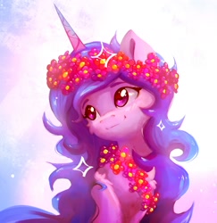 Size: 1584x1627 | Tagged: safe, artist:itssim, character:izzy moonbow, species:pony, species:unicorn, g5, chest fluff, cute, eyebrows, female, floral head wreath, flower, gradient hair, horn, izzybetes, mare, multicolored hair, smiling, solo