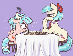 Size: 3000x2300 | Tagged: safe, artist:t72b, derpibooru original, character:coco pommel, character:cozy glow, species:earth pony, species:pegasus, species:pony, g4, blushing, book, bow, chess, chessboard, duo, duo female, female, filly, flower, flower in hair, foal, frown, frustrated, hair bow, high res, hoof on chin, hoof on head, hooves, lip bite, mare, necktie, scrunchy face, sitting, sweat, sweatdrop, table, young