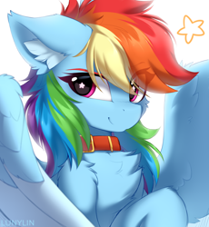 Size: 3500x3800 | Tagged: safe, artist:lunylin, character:rainbow dash, species:pegasus, species:pony, g4, chest fluff, collar, colored eyebrows, cute, dashabetes, ear fluff, eye clipping through hair, eyebrows, eyebrows visible through hair, female, high res, looking at you, mare, simple background, smiling, smiling at you, solo, spread wings, starry eyes, white background, wingding eyes, wings