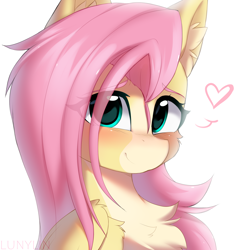 Size: 2304x2324 | Tagged: safe, artist:lunylin, character:fluttershy, species:pegasus, species:pony, g4, alternate design, blushing, chest fluff, colored eyebrows, cute, ear fluff, eye clipping through hair, eyebrows, eyebrows visible through hair, female, folded wings, heart, high res, looking at you, mare, pale belly, shyabetes, simple background, smiling, smiling at you, solo, white background, wings