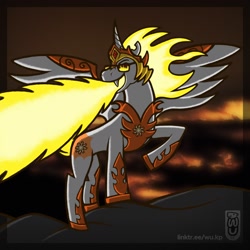 Size: 3000x3000 | Tagged: safe, artist:el wu, character:daybreaker, character:princess celestia, species:alicorn, species:pony, g4, armor, breathing fire, commission, fangs, fire, full body, glasses, helmet, sharp teeth, smiling, solo, sunglasses, wings