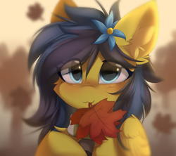 Size: 6200x5500 | Tagged: safe, artist:lunylin, oc, oc only, species:pegasus, species:pony, absurd resolution, autumn, blushing, cheek fluff, clothing, ear fluff, eye clipping through hair, falling leaves, female, folded wings, holding, leaves, looking at you, mare, mouth hold, pegasus oc, scarf, smiling, smiling at you, solo, wings