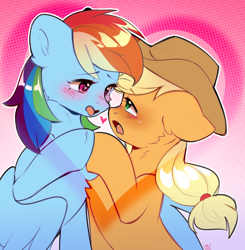 Size: 1960x1997 | Tagged: safe, artist:pledus, character:applejack, character:rainbow dash, species:earth pony, species:pegasus, species:pony, ship:appledash, g4, apple family member, applejack's hat, blushing, boop, chest fluff, clothing, cowboy hat, duo, duo female, eye contact, eyebrows, eyebrows visible through hair, female, freckles, hat, heart, heart eyes, holding hooves, lesbian, looking at each other, looking at someone, mare, noseboop, open mouth, shipping, signature, stetson, wingding eyes, wings