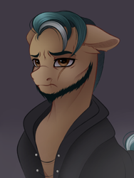 Size: 3015x4000 | Tagged: safe, artist:vetta, character:hitch trailblazer, species:earth pony, species:pony, g5, my little pony: a new generation, beard, blaze (coat marking), clothing, colored eyebrows, eye scar, eyebrows, facial hair, floppy ears, frown, jacket, male, sad hitch, scar, simple background, solo, stallion