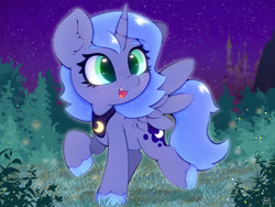 Size: 4000x3000 | Tagged: safe, artist:zokkili, character:princess luna, species:alicorn, species:pony, g4, canterlot, colored eyebrows, cute, ear fluff, eyebrows, female, grass, high res, horn, lunabetes, mare, night, night sky, open mouth, open smile, outdoors, raised hoof, raised leg, sky, smiling, solo, spread wings, standing on two hooves, stars, unshorn fetlocks, wings