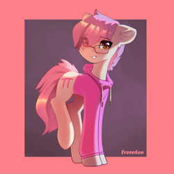 Size: 3000x3000 | Tagged: safe, artist:freeedon, oc, oc only, oc:kiki strawberries, species:earth pony, species:pony, clothing, ear fluff, earth pony oc, eye clipping through hair, eyebrows, eyebrows visible through hair, femboy, glasses, high res, hoodie, looking at you, male, smiling, smiling at you, solo, stallion