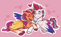 Size: 1481x893 | Tagged: safe, artist:faielyn, character:sunny starscout, character:zipp storm, species:alicorn, species:pegasus, species:pony, ship:zippscout, g5, alicornified, blush lines, blushing, coat markings, colored eyebrows, colored hooves, eyebrows, eyes closed, female, heart, hooves, lesbian, lying down, magic horn, magic wings, mane stripe sunny, open mouth, open smile, pink background, prone, race swap, shipping, signature, simple background, smiling, socks (coat marking), sunnycorn, underhoof
