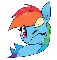 Size: 1605x1685 | Tagged: safe, artist:aquaticvibes, character:rainbow dash, species:pegasus, species:pony, g4, bust, eyebrows, eyebrows visible through hair, eyelashes, eyes closed, looking at you, one eye closed, portrait, simple background, smiling, white background, wink, winking at you